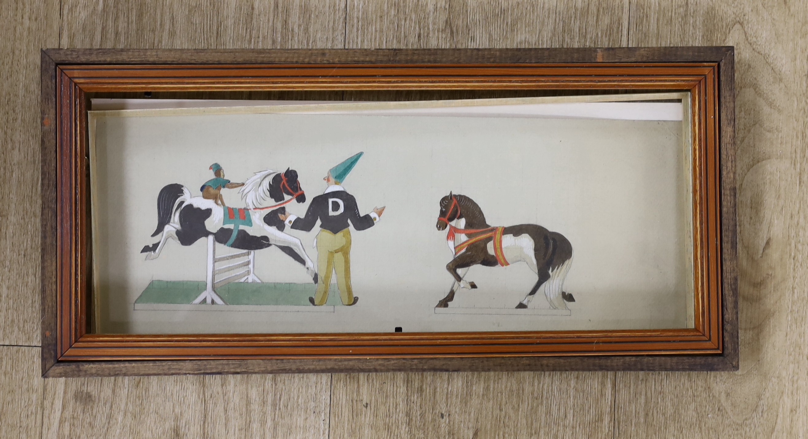 Mary Adshead (1904-1995), gouache on paper, Clown training a circus monkey and two horses, Liss Fine Art label verso, 15 x 37cm